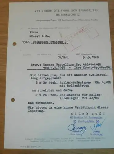 VEB Vereinigte Thür. Schiefergruben in Unterloquitz b. Probstzella , 1968 , Seythal , alte Rechnung , Reklame / Werbung