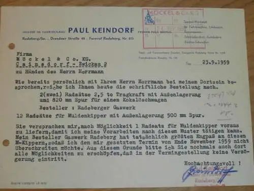 Fahrzeugbau - Paul Keindorf in Radeberg i. Sa., 1959 , alte Rechnung , Reklame / Werbung !!