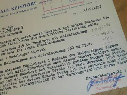 Fahrzeugbau - Paul Keindorf in Radeberg i. Sa., 1959 , alte Rechnung , Reklame / Werbung !!