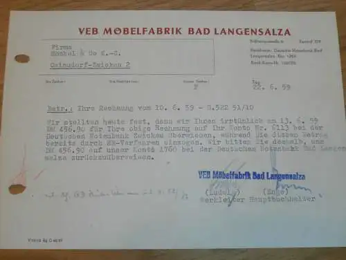 VEB Möbelfabrik Bad Langensalza , 1959 , Hr. Ludwig , Hr. Enge , alte Rechnung , Reklame / Werbung !!