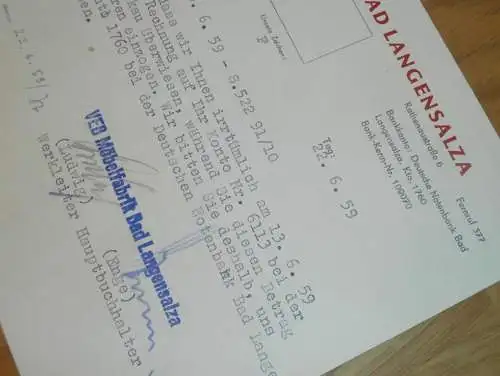 VEB Möbelfabrik Bad Langensalza , 1959 , Hr. Ludwig , Hr. Enge , alte Rechnung , Reklame / Werbung !!