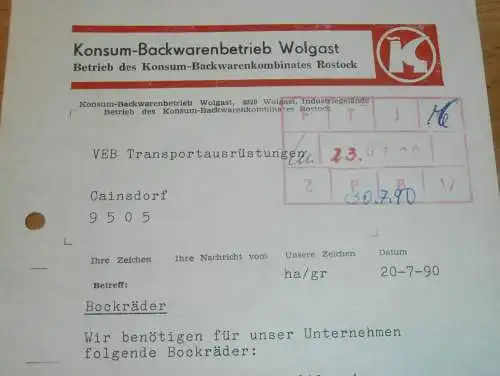 KONSUM-Backwarenvertrieb Wolgast , 1990 , Hr. Hausicke , Nordback Rostock , Bäckerei alte Rechnung , Reklame / Werbung !