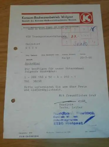 KONSUM-Backwarenvertrieb Wolgast , 1990 , Hr. Hausicke , Nordback Rostock , Bäckerei alte Rechnung , Reklame / Werbung !