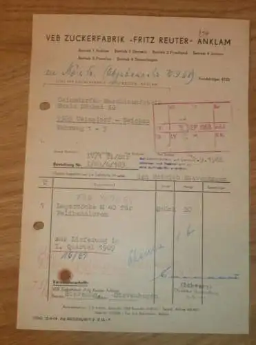 VEB Zuckerfabrik "Fritz Reuter" in Anklam , 1968 , Hr. Schwarz , alte Rechnung , Reklame / Werbung !!