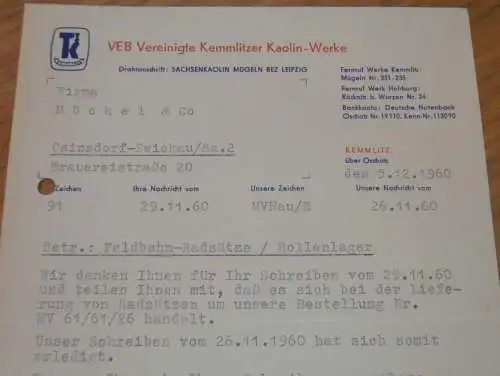 VEB Vereinigte Kaolinwerke in Kemmlitz b. Oschatz , 1960 , alte Rechnung , Reklame / Werbung !!