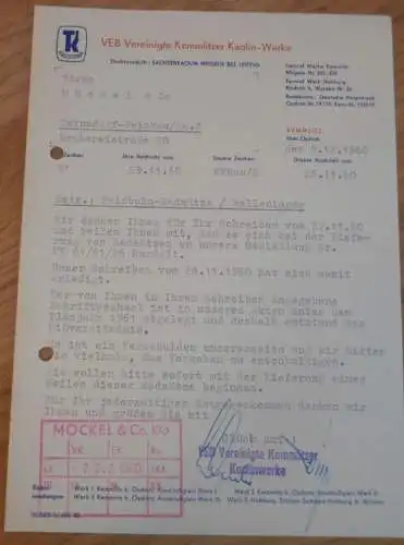 VEB Vereinigte Kaolinwerke in Kemmlitz b. Oschatz , 1960 , alte Rechnung , Reklame / Werbung !!