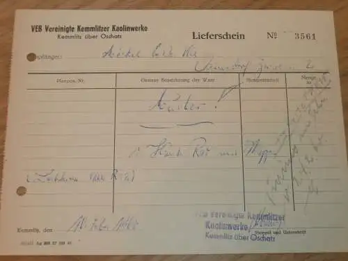 VEB Vereinigte Kaolinwerke in Kemmlitz b. Oschatz , 1960 , alte Rechnung , Reklame / Werbung !!