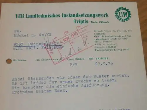 VEB Landtechnisches Instandsetzungswerk in Triptis b. Pößneck , 1970 ,Hr. Pelzer , alte Rechnung , Reklame / Werbung !!