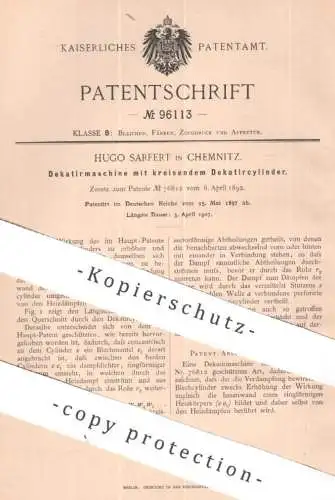 original Patent - Hugo Sarfert , Chemnitz | 1897 | Dekatiermaschine mit Dekatierzylinder | Deaktieren , Kondensation