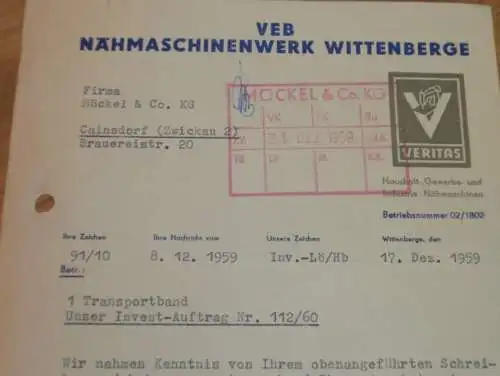 VEB VERITAS Nähmaschinenwerk Wittenberge , 1959 , Nähmaschine , Hr. Mund , Hr. Kröcher alte Rechnung , Reklame / Werbung