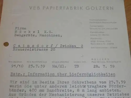 Papierfabrik Golzern b. Grimma , 1959 , alte Rechnung , Reklame / Werbung !!