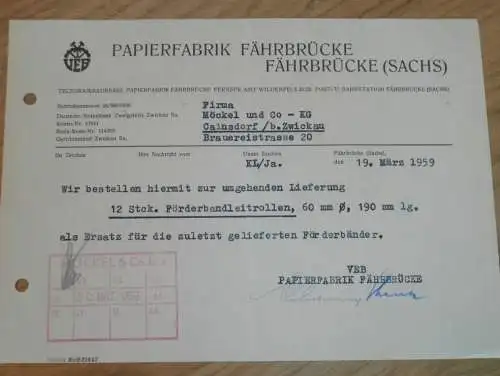 Papierfabrik Fährbrücke i. Sa. b. Wildenfels , 1959 , alte Rechnung , Reklame / Werbung !!