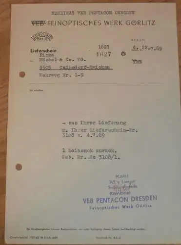 VEB Pentacon Werk Görlitz , 1969 , Optik Meyer , Fr. Kahl , Dresden , alte Rechnung , Reklame / Werbung !!