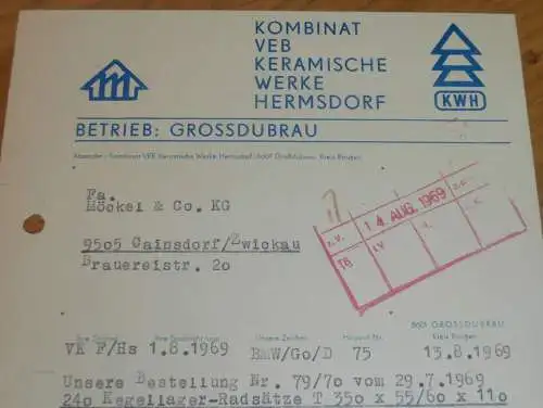 VEB Keramische Werke in Großdubrau / Hermsdorf , 1969 , Hr. Matzke , Fr. Groß , alte Rechnung , Reklame / Werbung !!