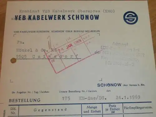 VEB Kabelwerk Schönow b. Bernau , 1969 , Hr. Saeling , Hr. Kube , alte Rechnung , Reklame / Werbung !!