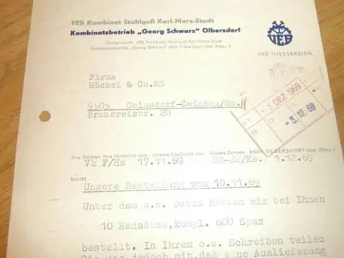 VEB Kombinat " Georg Schwarz " in Olbersdorf b. Zittau , 1969 , Karl-Marx-Stadt ,alte Rechnung , Reklame / Werbung !!