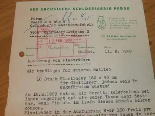 VEB Sächsische Schlossfabrik in Pegau , 1969 , Hr. Hellmann , alte Rechnung , Reklame / Werbung !!