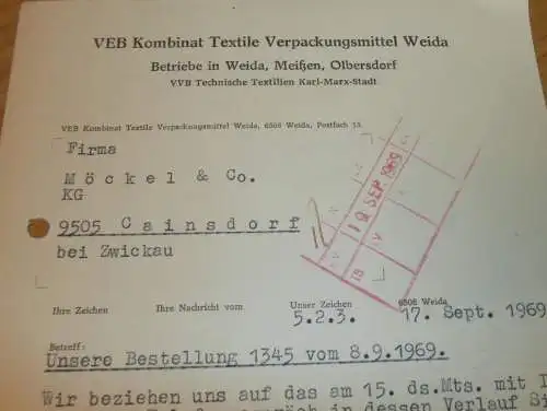 VEB Kombinat Textile Verpackungsmittel in Weida ,1969,Hr. Müller , Meißen , Olbersdorf alte Rechnung , Reklame / Werbung
