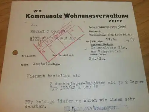 VEB Kommunale Wohnungsverwaltung Zeitz , 1969 , Hr. Seemann , Hr. Sukale , alte Rechnung , Reklame / Werbung !