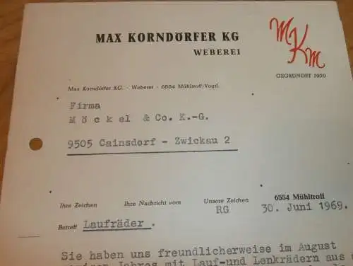 Weberei - Max Korndörfer KG in Mühltroff i. Vogtland , 1969 , Pausa-Mühltroff , alte Rechnung , Reklame / Werbung !