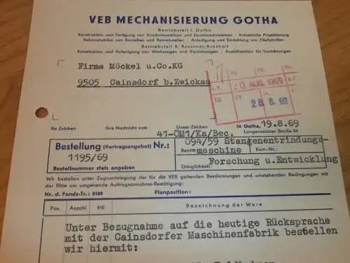 VEB Mechanisierung Gotha , 1969 , Hr. Katzung , Hr. Waiden , alte Rechnung , Reklame / Werbung !