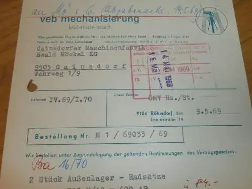 VEB Mechanisierung Karl-Marx-Stadt , 1969 , Hr. Handke , Hr.Sättler , alte Rechnung , Reklame / Werbung !
