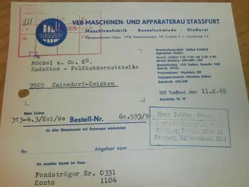 VEB Maschinen- und Apparatebau Stassfurt , 1969 , Hr. Kreisel , alte Rechnung , Reklame / Werbung !