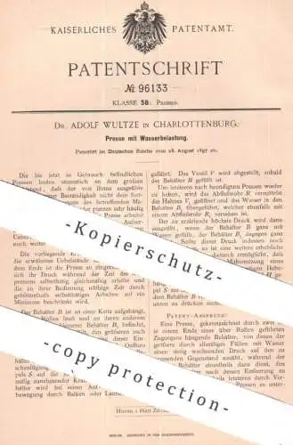 original Patent - Dr. Adolf Wultze , Berlin / Charlottenburg | 1897 | Presse mit Wasserbelastung | Pressen , Wasser !!