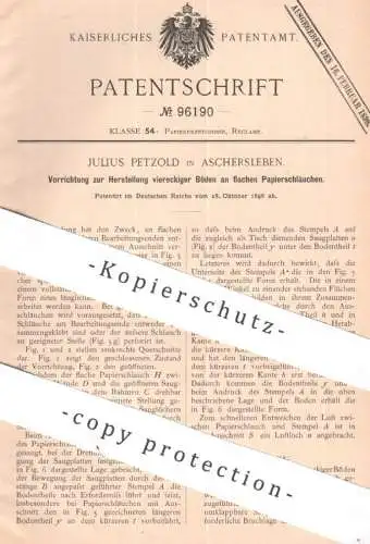 original Patent - Julius Petzold , Aschersleben | 1896 | Herst. viereckiger Böden an Papierschlauch | Papier , Reklame