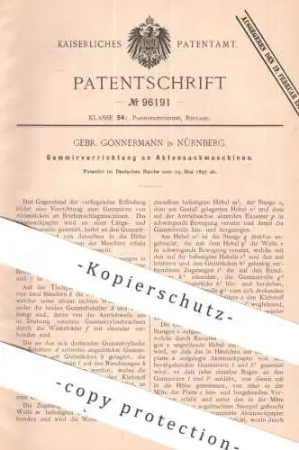 original Patent - Gebr. Gonnermann , Nürnberg | 1897 | Gummieren von Aktensack an Briefumschlagmaschine | Brief , Post