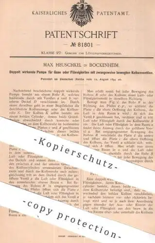 original Patent - Max Heuschkel , Frankfurt / Bockenheim | 1894 | Pumpe für Gase oder Flüssigkeiten | Gas , Pumpen !!