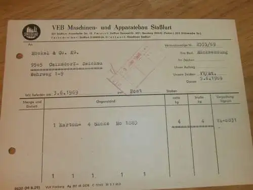 VEB Maschinen- und Apparatebau Staßfurt , 1969 , alte Rechnung , Reklame / Werbung !