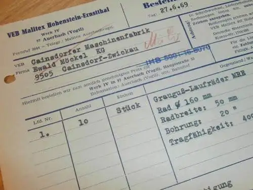 VEB MALITEX Hohenstein-Ernstthal , 1969 , Hr. Schiefer , Hr. Luderer , alte Rechnung , Reklame / Werbung !