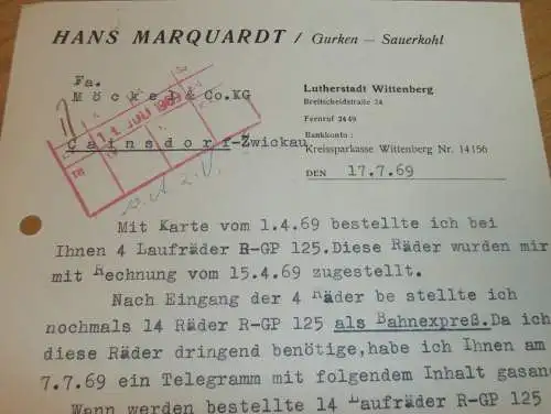 Gurken und Sauerkohl - Hans Marquardt in Lutherstadt Wittenberg , 1969 , alte Rechnung , Reklame / Werbung !