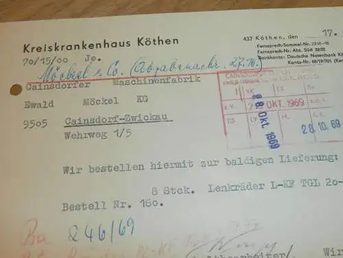 Kreiskrankenhaus Köthen , 1969 , Krankenhaus , alte Rechnung , Reklame / Werbung !