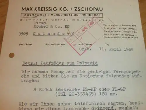 Zwirnerei - Max Kreissig KG in Zschopau , 1969 , Hr. Grünzig , alte Rechnung , Reklame / Werbung !