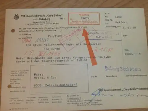 VEB Kunstseidenwerk " Clara Zetkin " in Elsterberg , 1969 , alte Rechnung , Reklame / Werbung !
