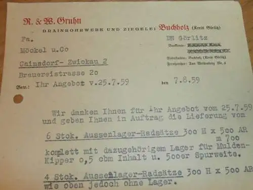 Drainrohrwerk und Ziegelei - R&W Gruhn in Buchholz b. Görlitz , 1959 , alte Rechnung , Reklame / Werbung !