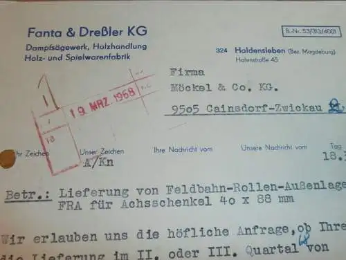 Sägewerk - Fanta & Dreßler KG in Haldensleben b. Mageburg , 1968 , alte Rechnung , Reklame / Werbung !