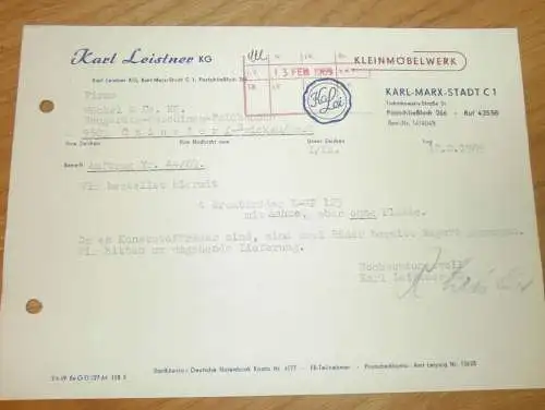 Kleinmöbelwerk - Karl Leistner KG in Karl-Marx-Stadt , 1969 , alte Rechnung , Reklame / Werbung !