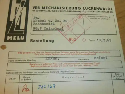 VEB Mechanisierung Luckenwalde , 1969 , Hr. Muderack , Hr. Groth , alte Rechnung , Reklame / Werbung !