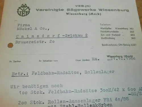 VEB Sägewerke Wiesenburg / Mark , 1960 , alte Rechnung , Reklame / Werbung !