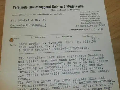 Vereinigte Elbkiesbaggerei Kalk- und Mörtelwerke in Ermsleben , 1960 , Aschersleben , alte Rechnung , Reklame / Werbung