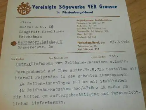 Vereinigte Sägewerke VEB Gransee in Fürstenberg a. Havel ,1960, Hr. Vormum , Hr. Volz  alte Rechnung , Reklame / Werbung