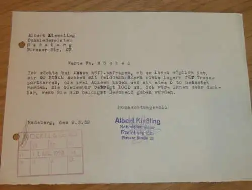 Schmiedemeister Albert Kießling in Radeberg i. Sa., 1959 , alte Rechnung , Reklame / Werbung !!