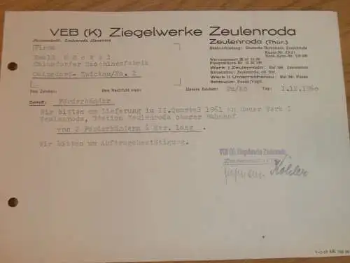 VEB Ziegelwerke Zeulenroda i. Thür., 1960 , Hr. Köhler , alte Rechnung , Reklame / Werbung !!