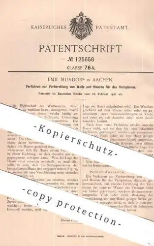 original Patent - Emil Mundorf , Aachen | 1901 | Vorbereitung von Wolle u. Haar zum Verspinnen | Spinnrad Spinnmaschine