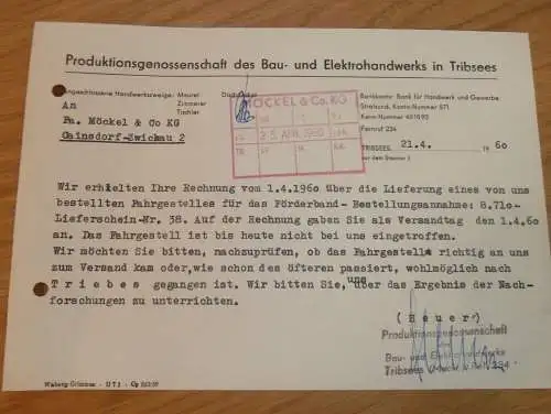 PGH Bau- und Elektrohandwerk in Triebsees , 1960 , Hr. Heuer , alte Rechnung , Reklame / Werbung !!