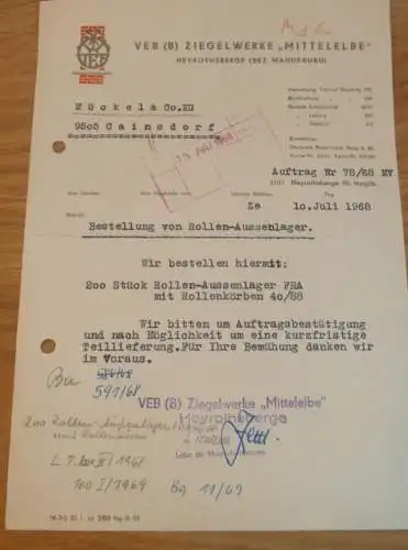 VEB Ziegelwerke " Mittelelbe " Heyrothsberge b. Biederitz , 1968 , Hr. Zettl , alte Rechnung , Reklame / Werbung !!