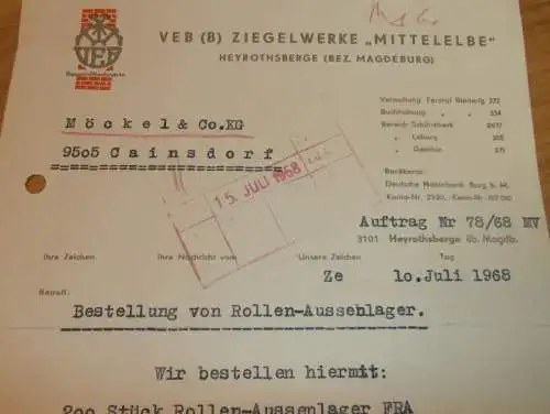 VEB Ziegelwerke " Mittelelbe " Heyrothsberge b. Biederitz , 1968 , Hr. Zettl , alte Rechnung , Reklame / Werbung !!